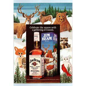 1981 Jim Beam Bourbon Christmas Vintage Print Ad Wildlife Deer Bear Owl Wall Art